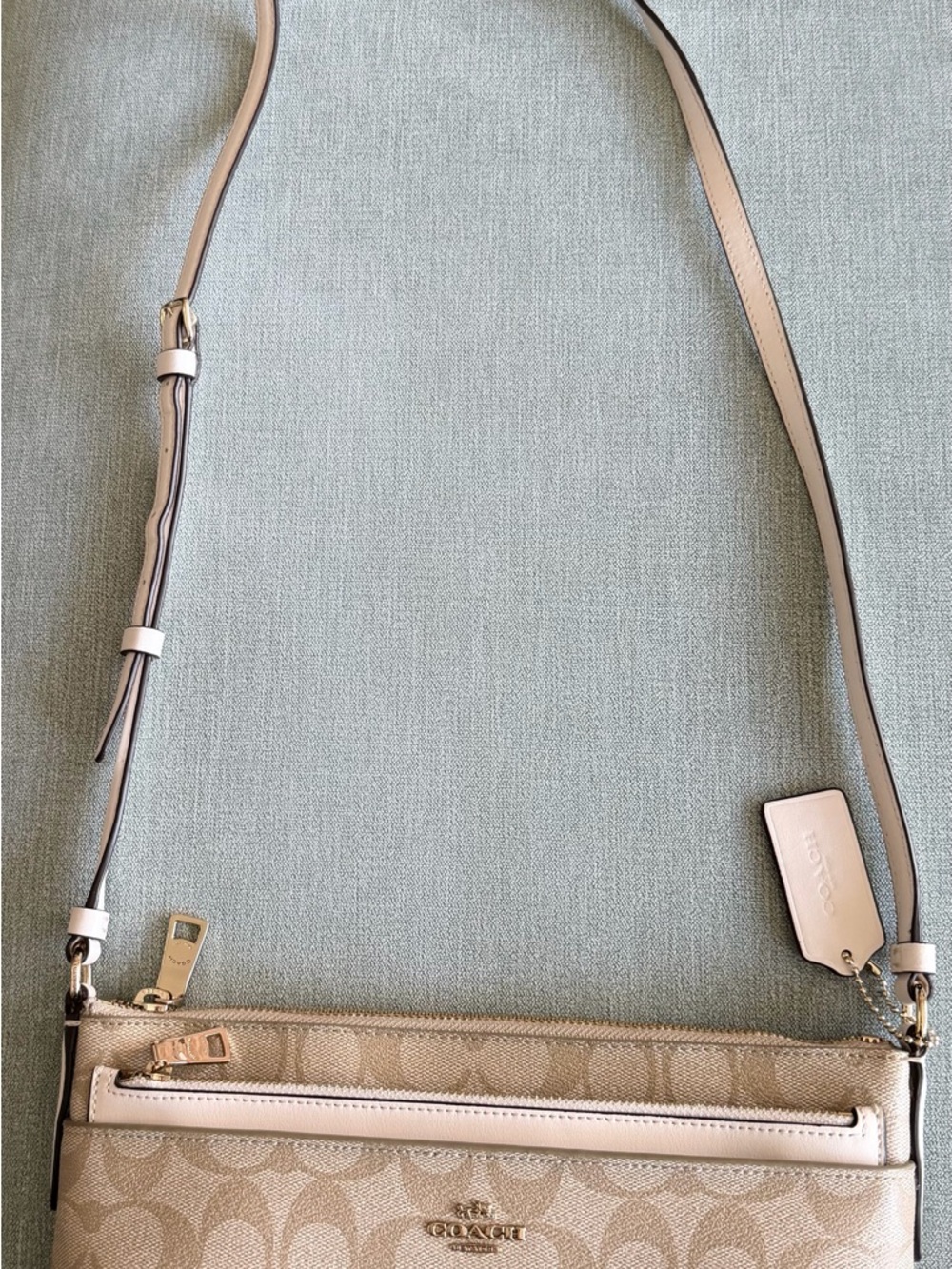 Coach Beige Signature Canvas Crossbody with Light Pink Trim